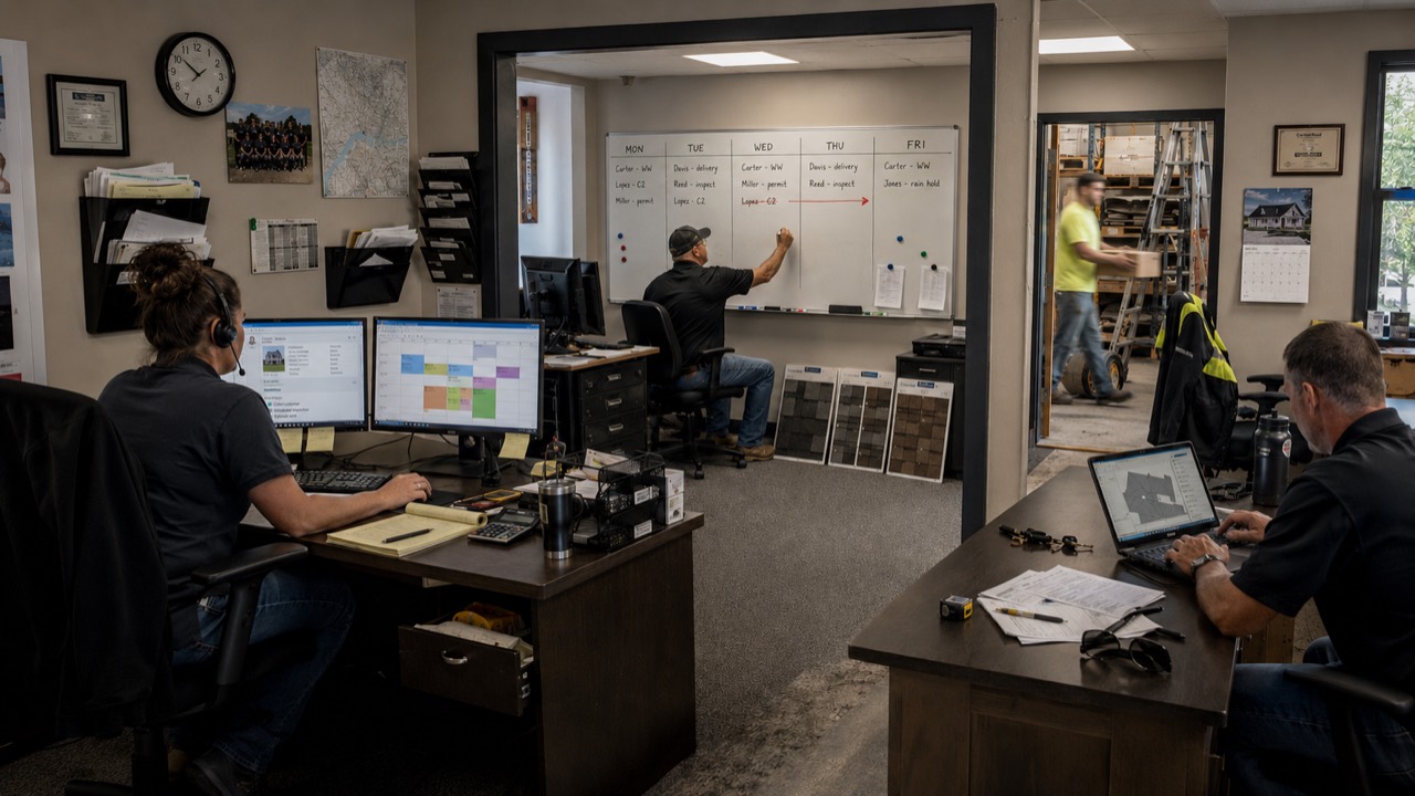Established roofing office continuing normal work while a receptionist speaks with a homeowner