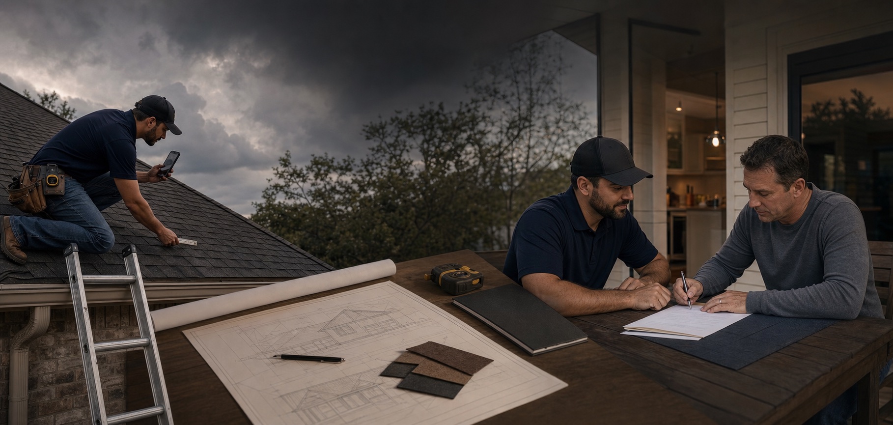 Continuous scene of a roofing contractor inspecting a roof, preparing an estimate, and earning a signed agreement